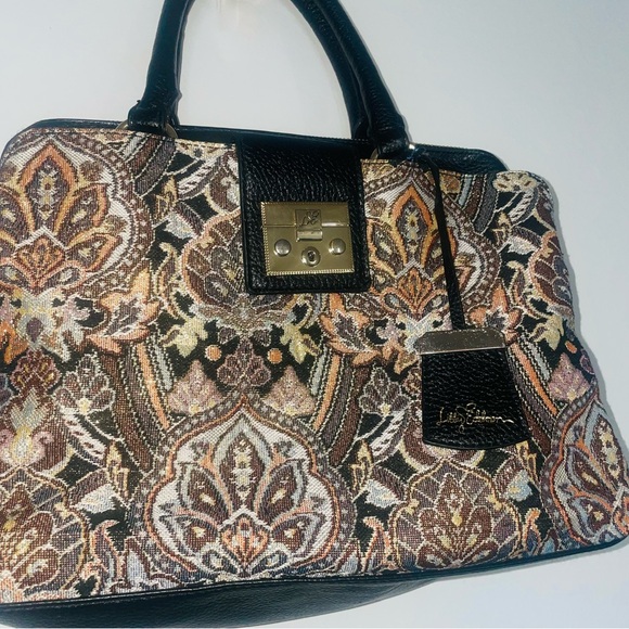 Libby Edelman NWT Black Leather Metallic Paisley Purse Tote Handbag - Picture 2 of 6